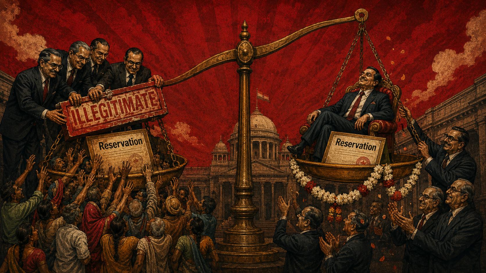 A justice scale treats identical reservation measures differently for a large crowd and a privileged individual.