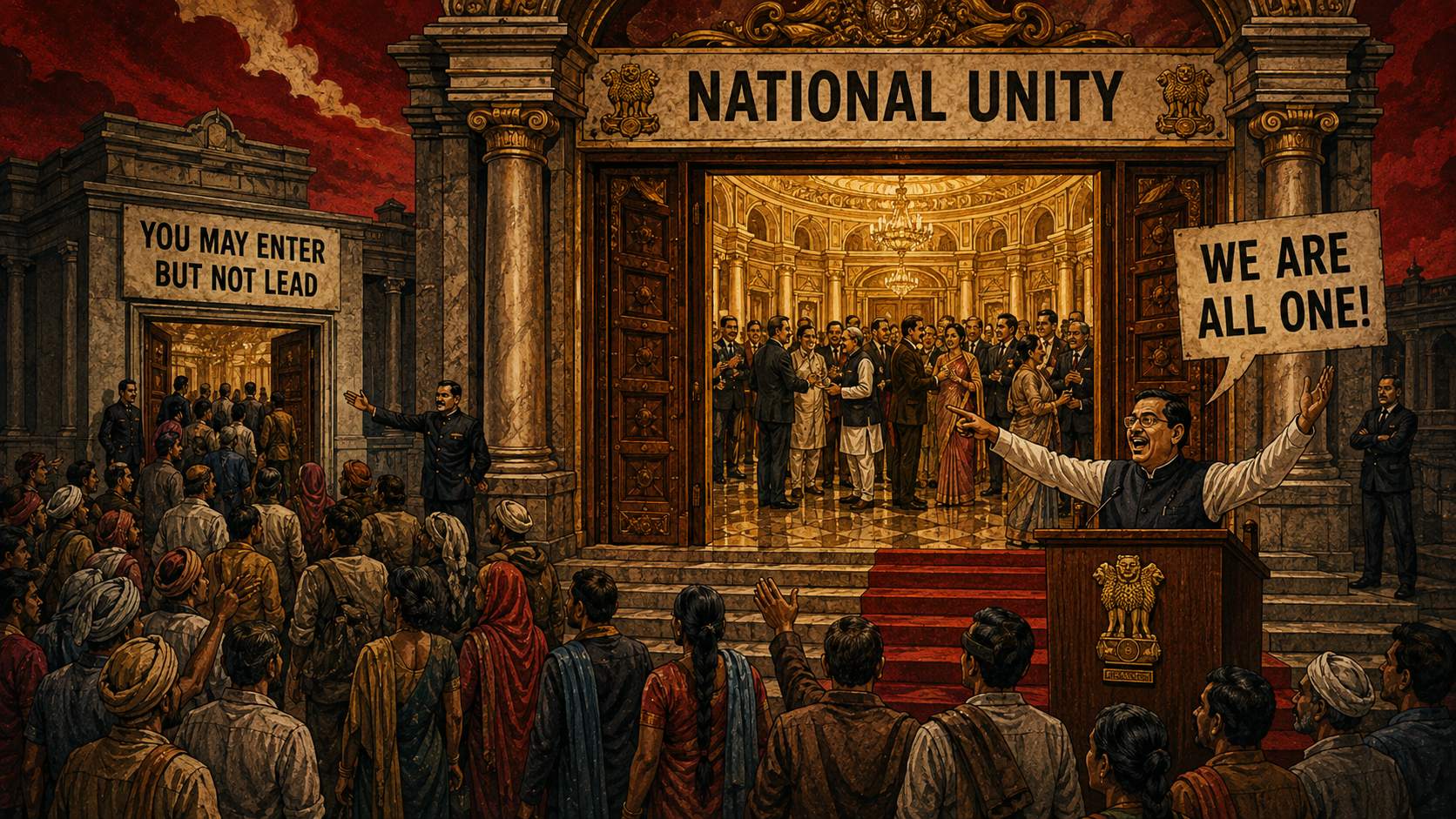 A National Unity hall welcomes elites while the majority is directed to a door marked You May Enter But Not Lead.