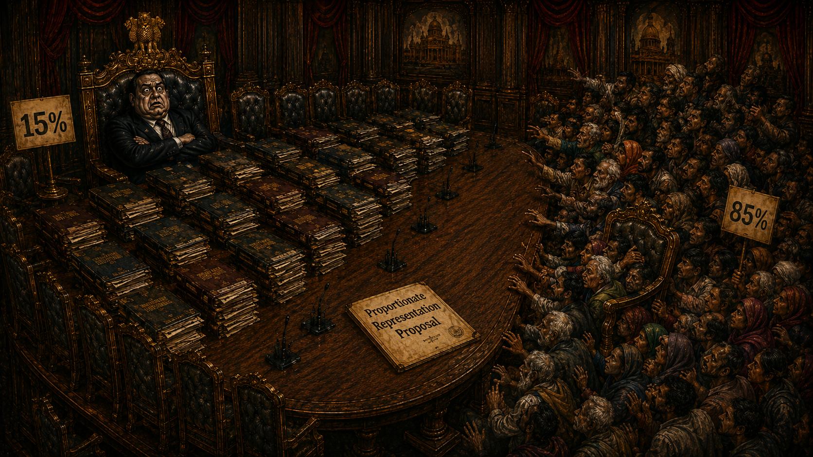 A single person labelled 15 percent occupies one side of a negotiating table while a crowd labelled 85 percent is crammed around one chair opposite.