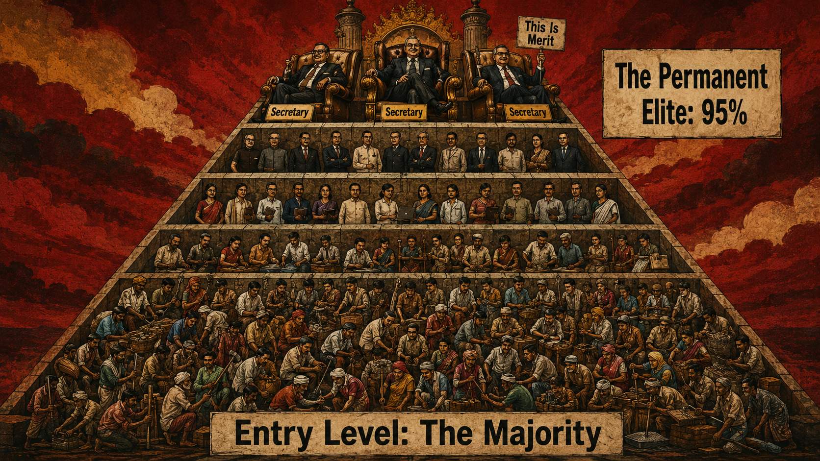 A social pyramid crowded at entry level and dominated by three secretaries at the top.