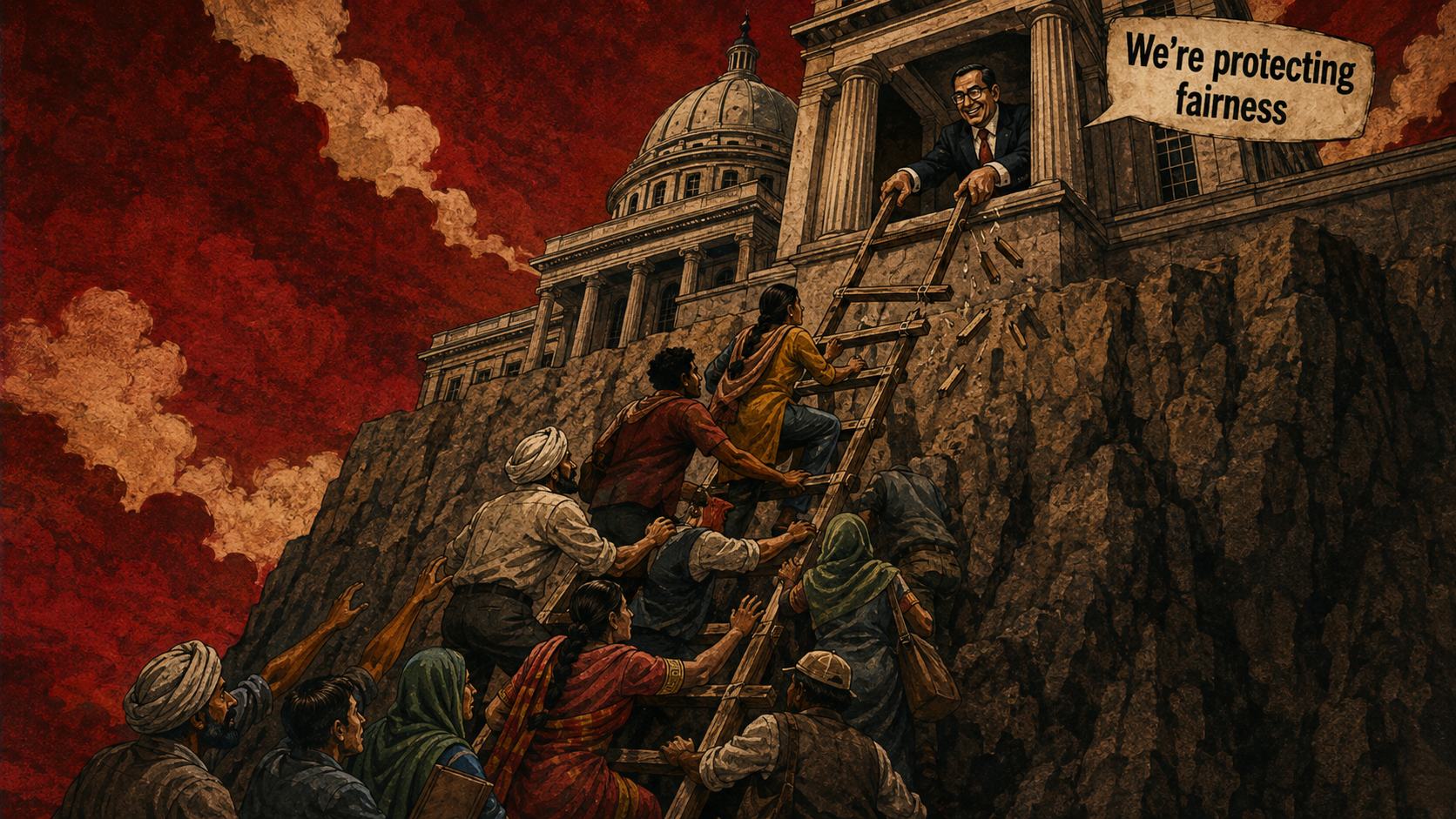 Citizens climb a ladder while an official removes its upper rungs in the name of fairness.