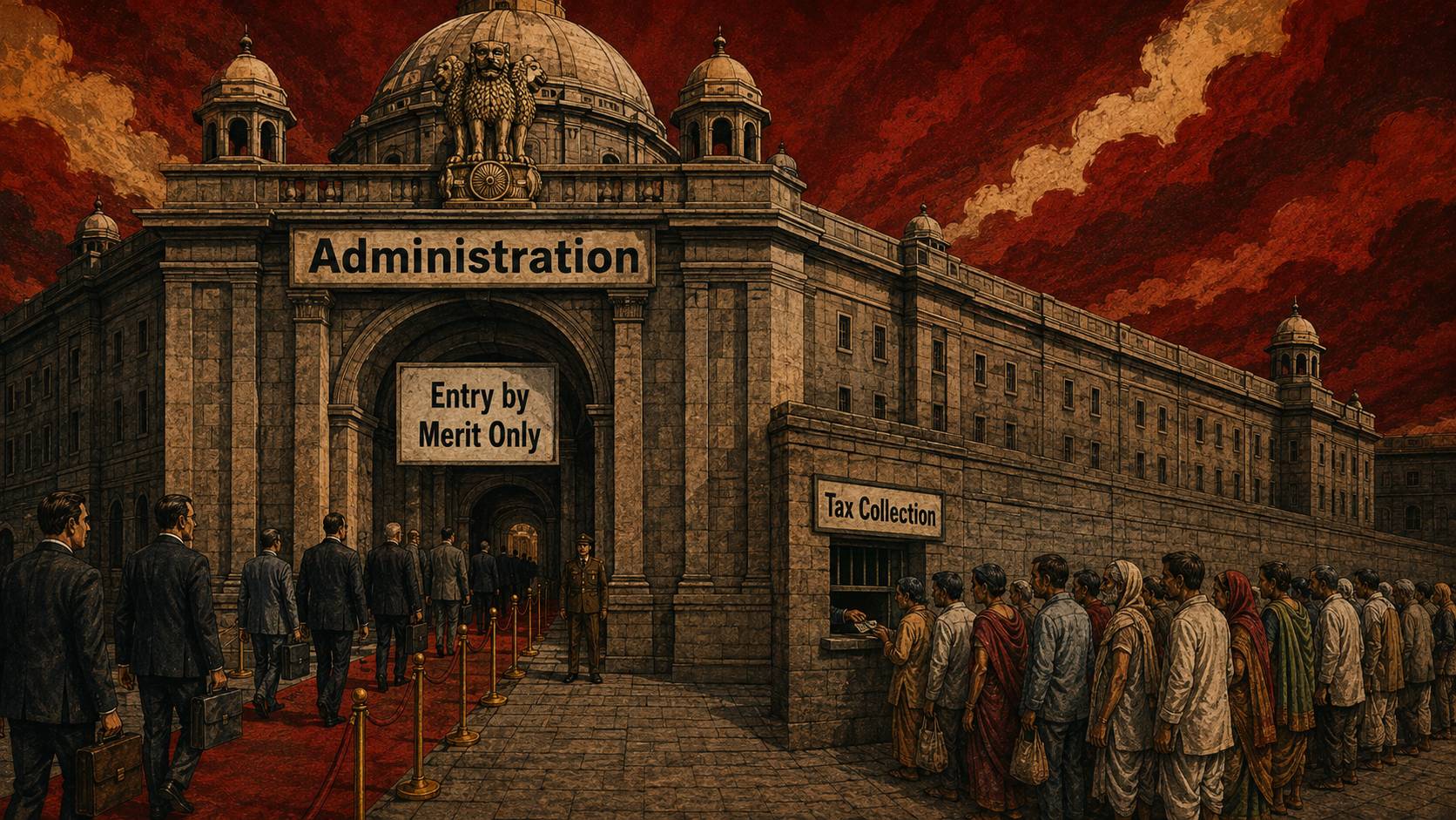 Elite officials use the administration entrance while working citizens queue at a tax collection window.