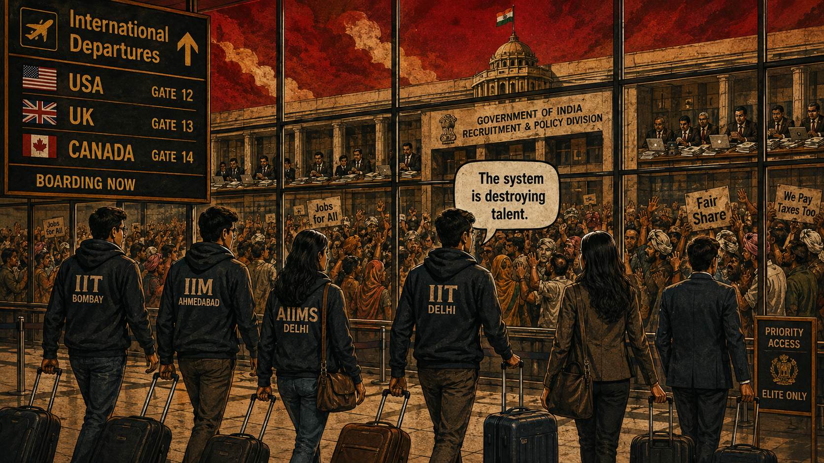 Graduates depart through an international airport while excluded citizens remain outside government offices.