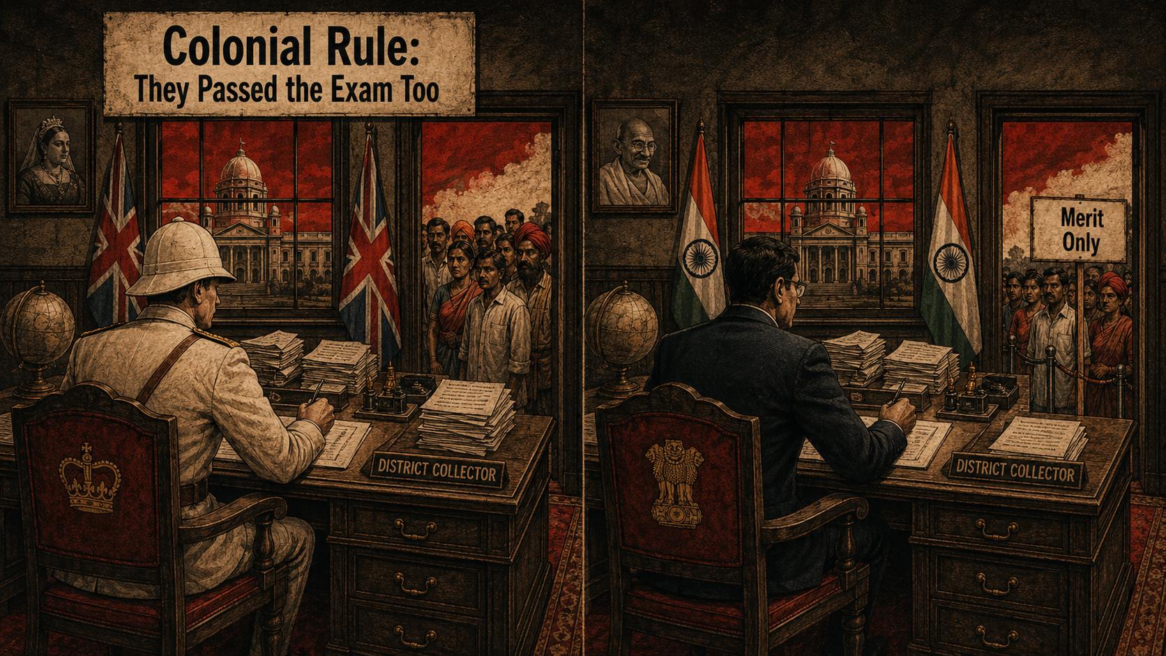 Parallel colonial and modern district collector offices illustrate the claim that exam merit alone cannot legitimate rule.