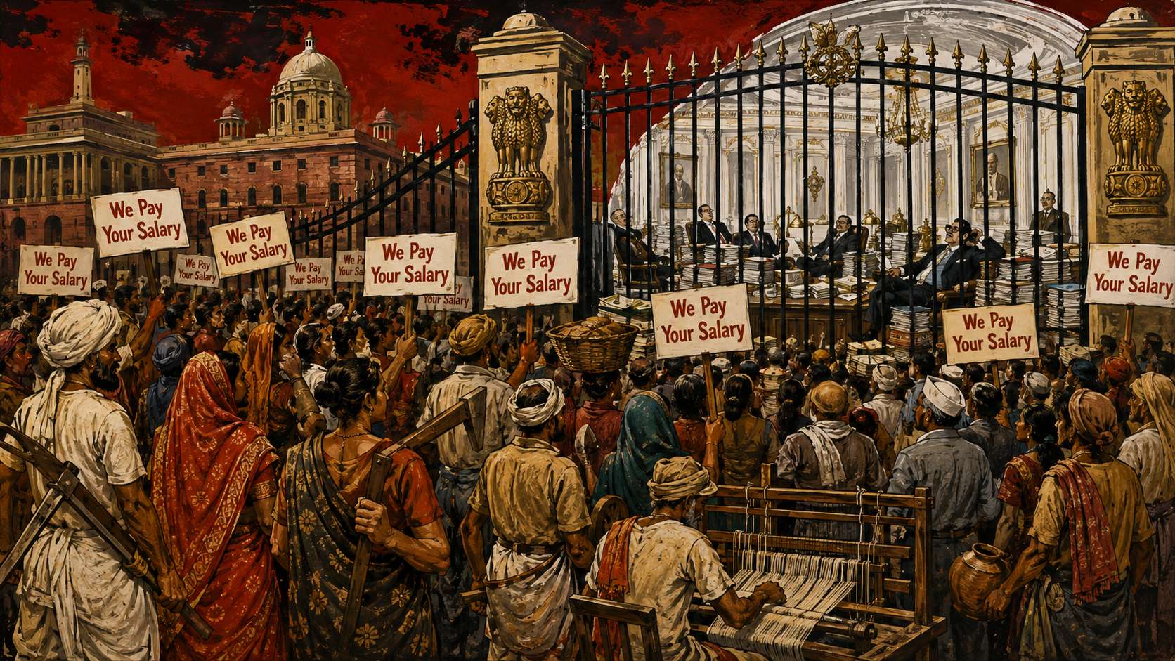 Working citizens outside the gates of a government building, holding signs that read We Pay Your Salary.